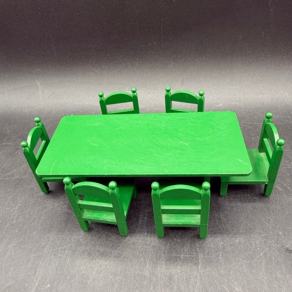 Vintage Tomy Calico Critters Dining Room Set Green Table 6 Chairs 1985 Epoch
